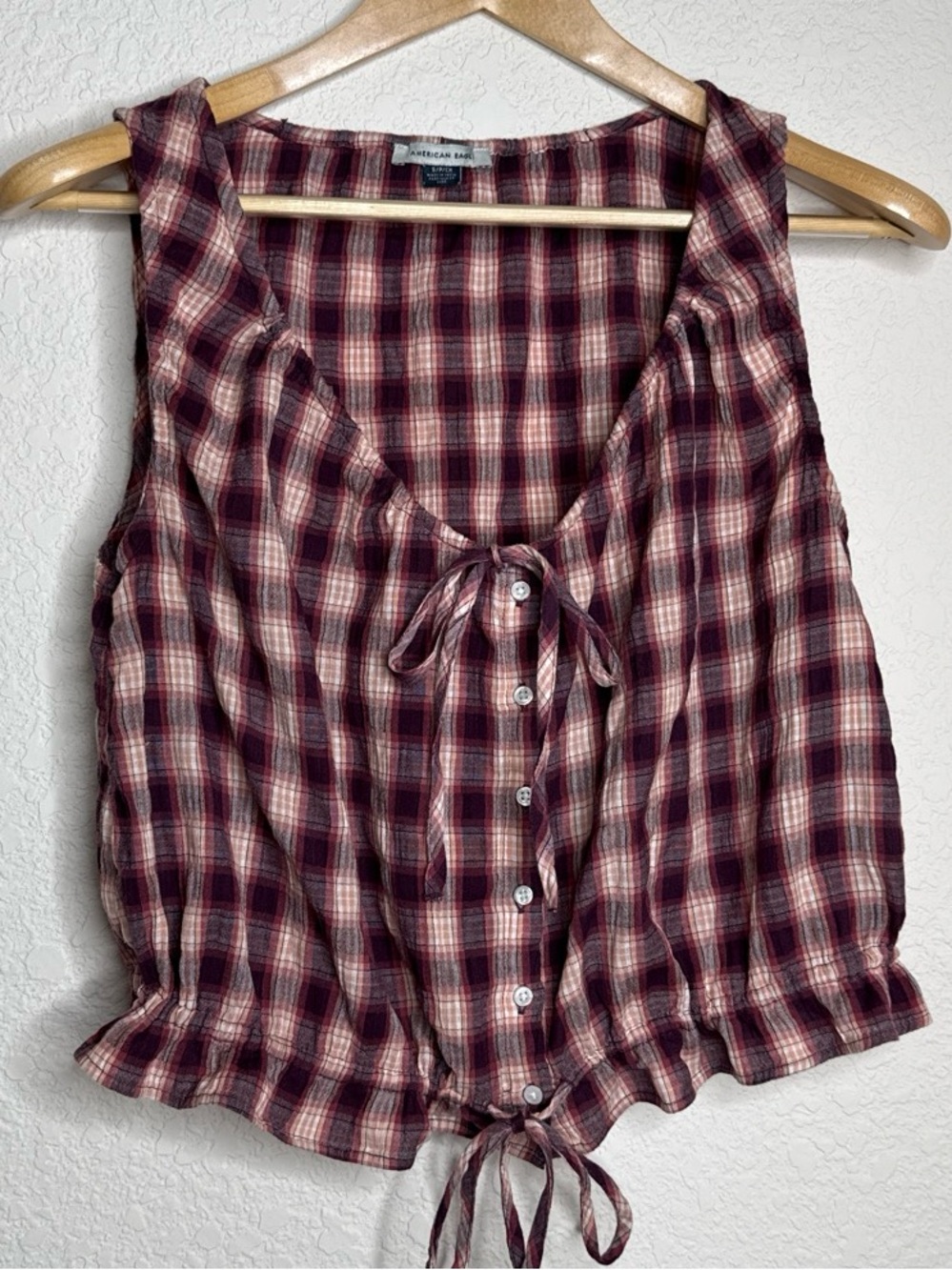American Eagle Plaid Tie Front Crop Top Sleeveless Size Small Purple
